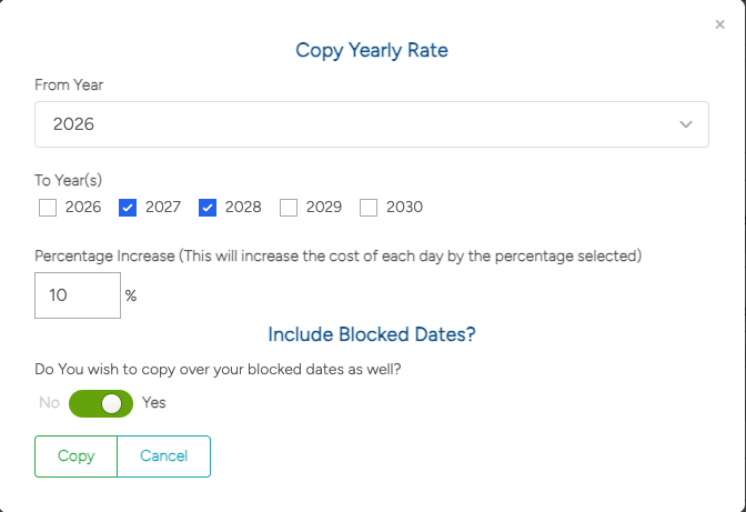 Copy year dialog box showing options to copy custom prices, rule-sets, and blocked dates.