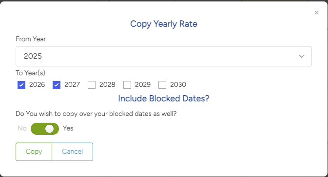 Copy year dialog box showing options to copy custom prices, rule-sets, and blocked dates.