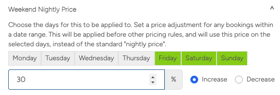 Options within the 'Nightly Price' section, including a percentage field and radio buttons to increase or decrease the price.