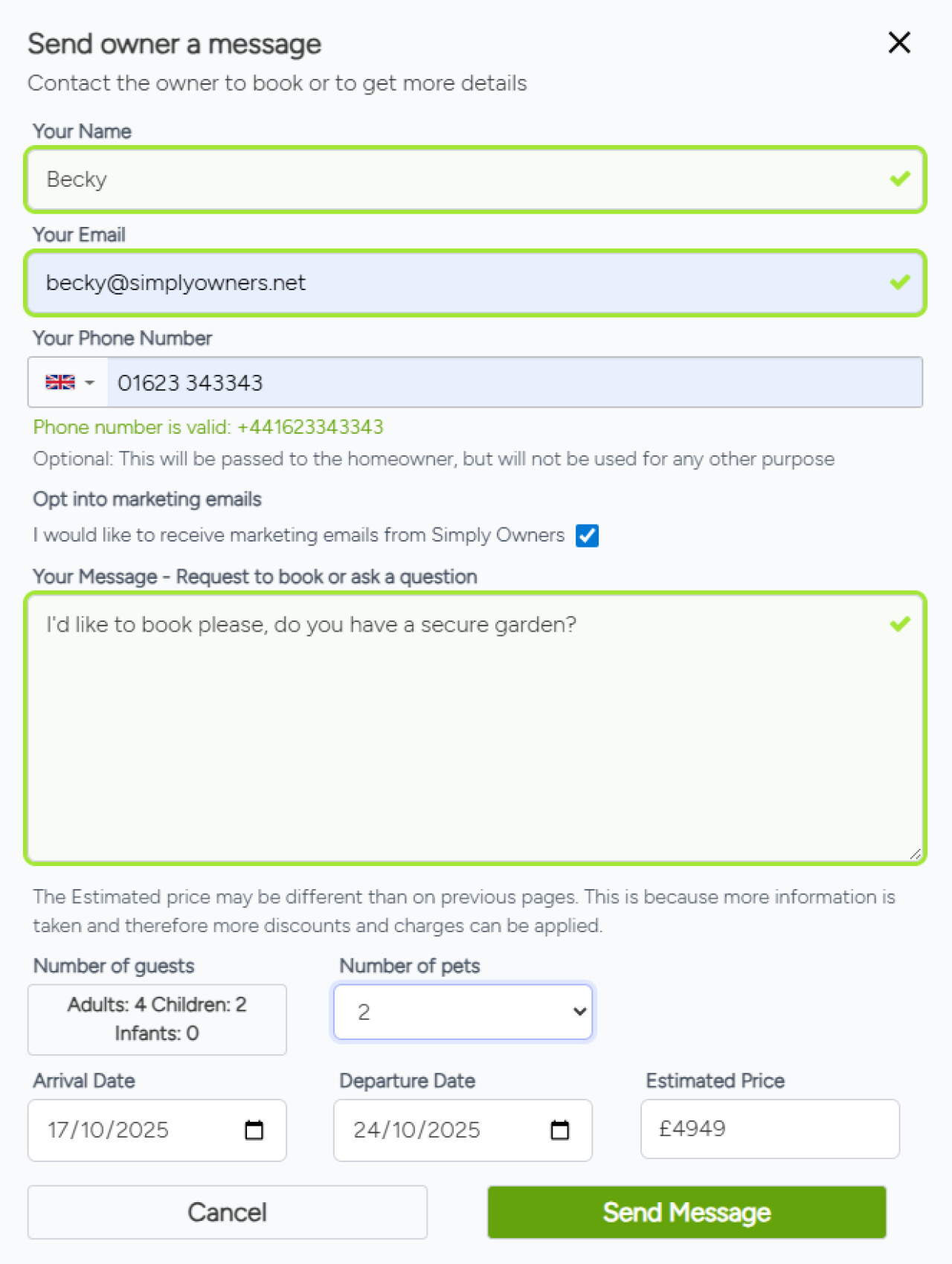 Send the owner a message to book